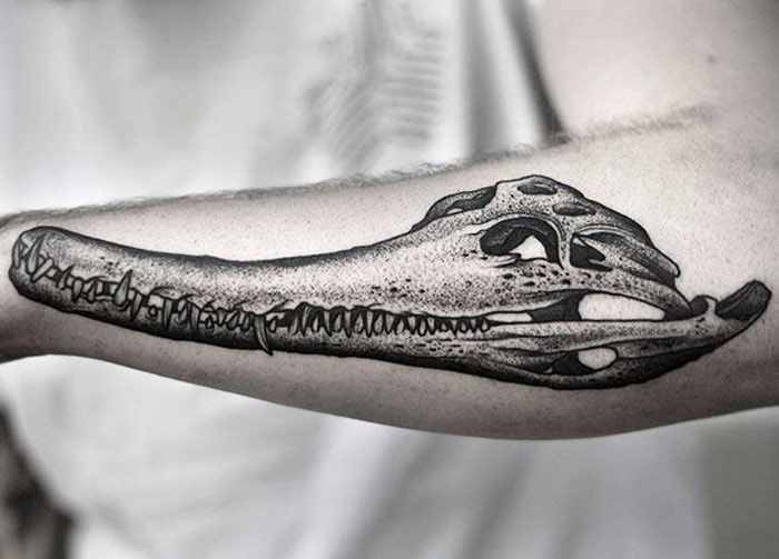 Black And Grey Alligator Skull Tattoo On Forearm