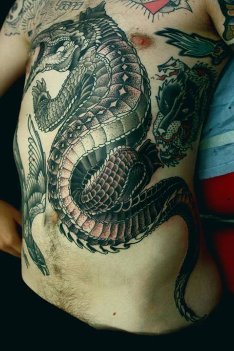 Black And Grey Alligator Tattoo On Man Full Body