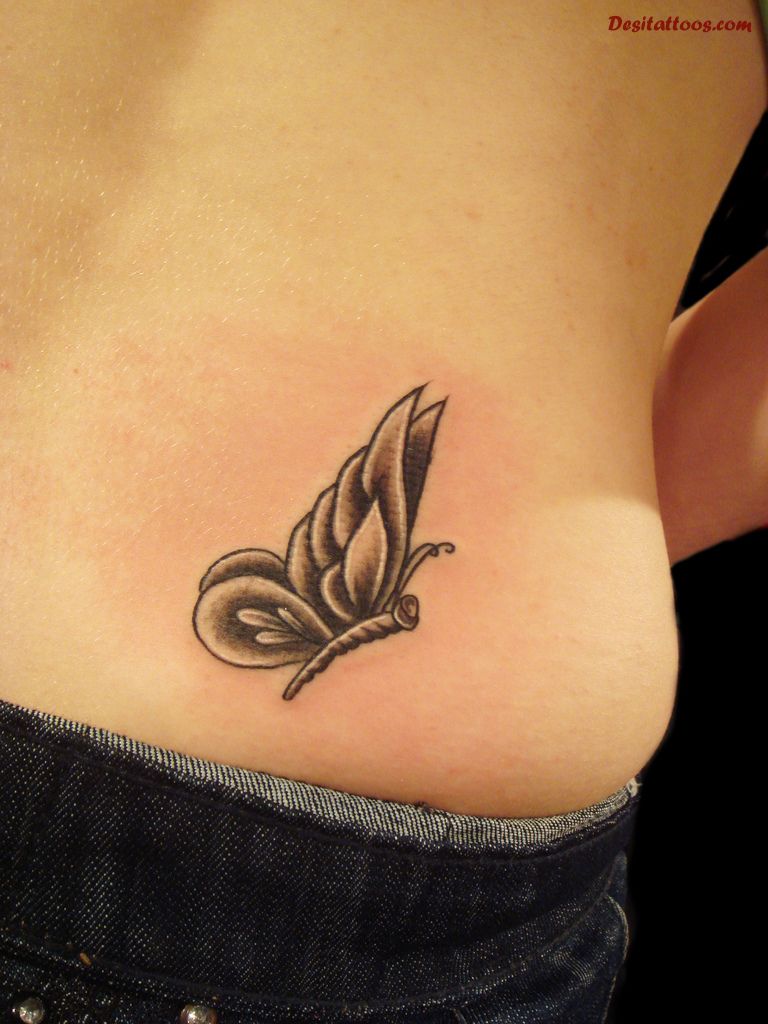 Black And Grey Butterfly Tattoo On Waist