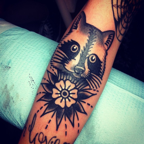 Black And Grey Flower And Raccoon Tattoo On Leg