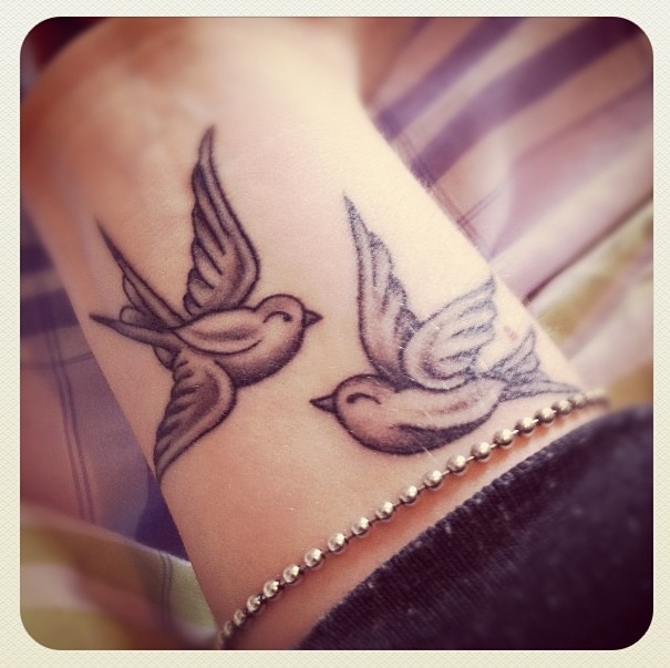 Black And Grey Flying Swallows Tattoos On Wrist