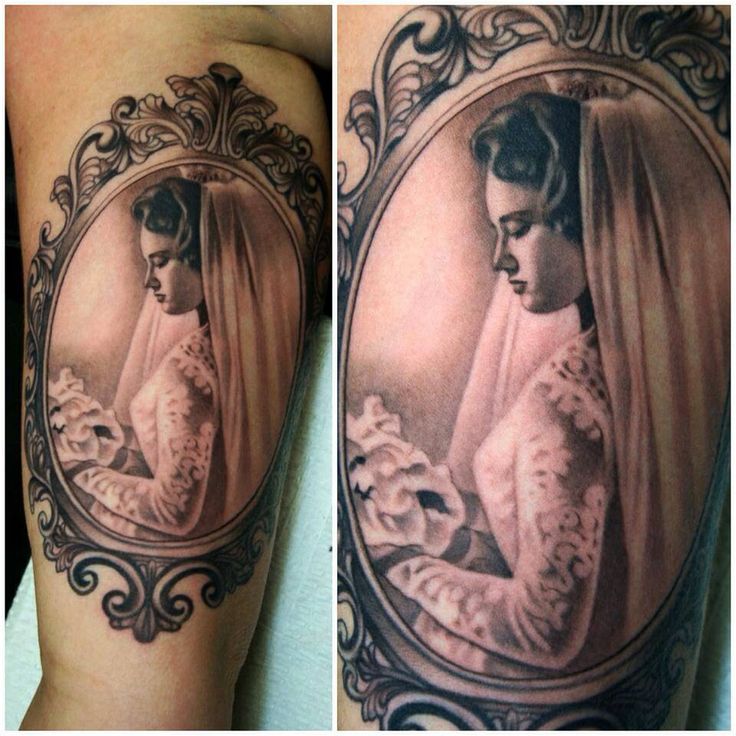 Black And Grey Girl Portrait In Frame Tattoo Design For Bicep