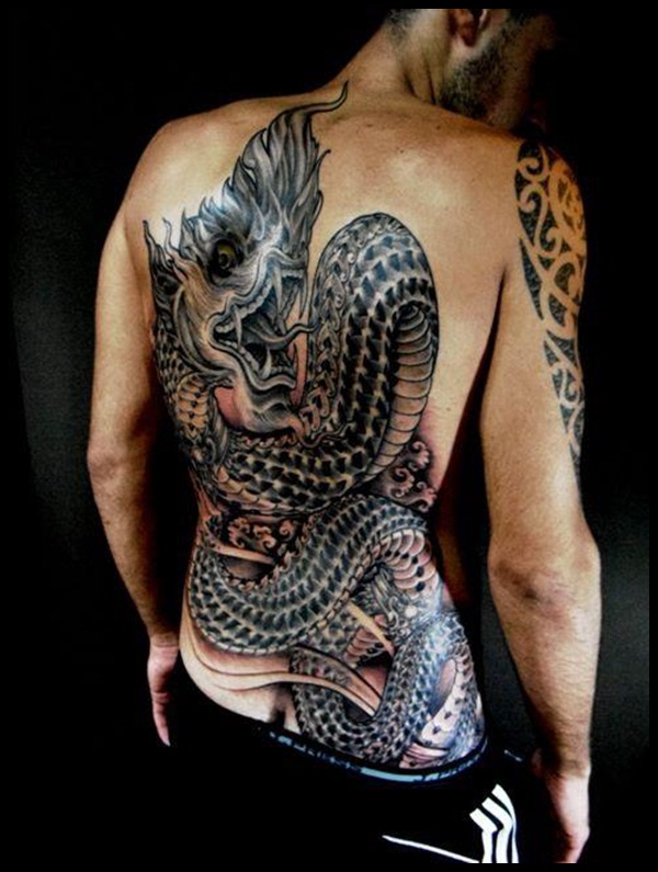 Black And Grey Ink 3D Dragon Tattoo On Full Back