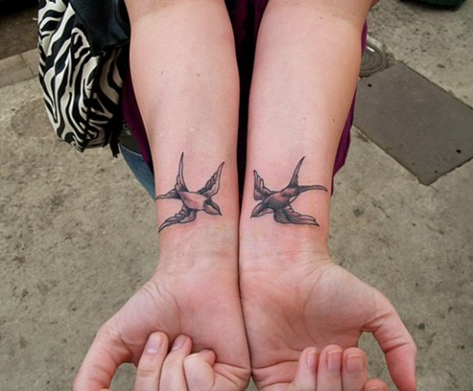 Black And Grey Ink Birds Tattoos On Wrist