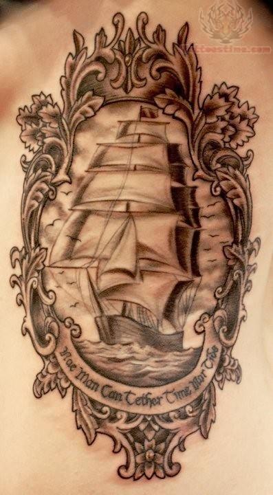Black And Grey Ship In Frame Tattoo Design