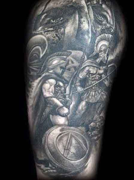Black And Grey Spartan Tattoo Design For Half Sleeve