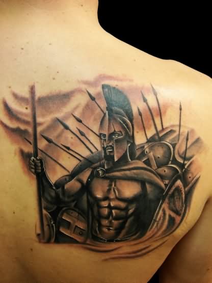 Black And Grey Spartan Tattoo On Right Back Shoulder