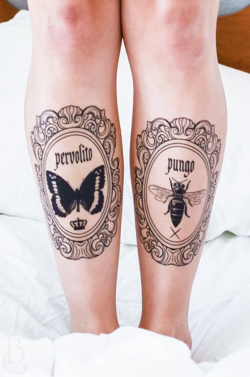 Black Butterfly And Bee In Two Frame Tattoo On Both Leg