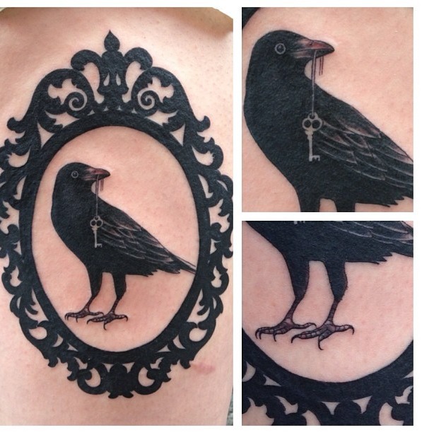 Black Crow In Frame Tattoo Design