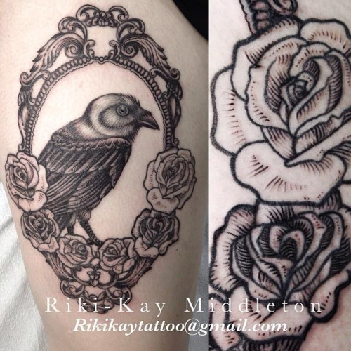 Black Crow In Rose Frame Tattoo On Thigh