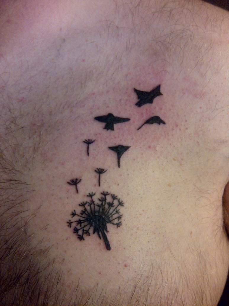 Black Dandelion With Flying Birds Tattoo Design