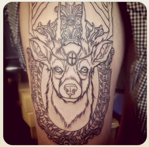 Black Deer Head In Frame Tattoo Design