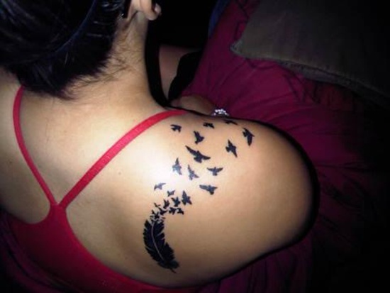 Black Feather With Flying Birds Tattoo On Girl Right Back Shoulder