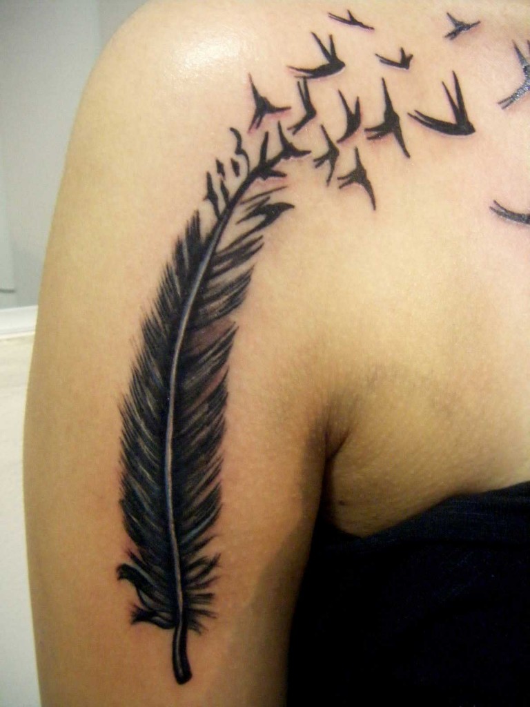 Black Feather With Flying Birds Tattoo On Shoulder