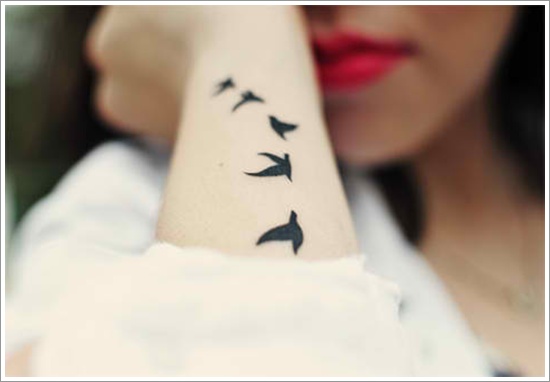 Black Five Flying Birds Tattoo On  Girl Right Forearm