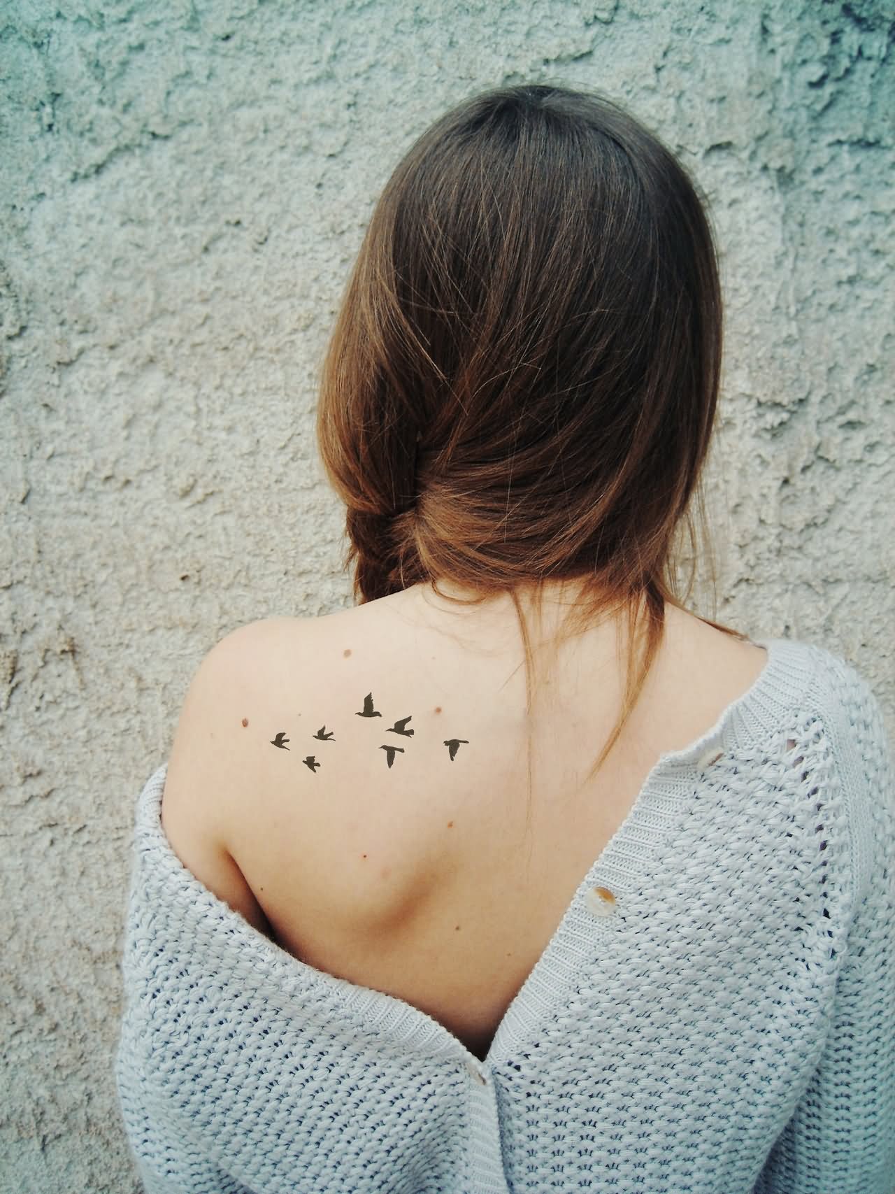 Black Flying Birds Tattoo On Girl Left Back Shoulder