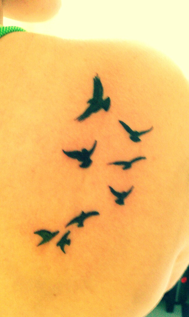 Black Flying Birds Tattoo On Right Back Shoulder