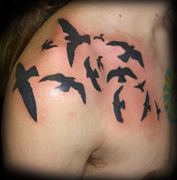 Black Flying Birds Tattoo On Right Upper Shoulder