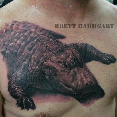 Black Ink 3D Alligator Tattoo On Man Chest