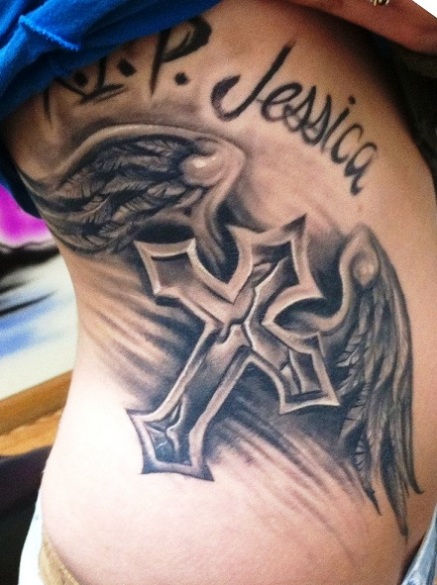 Black Ink 3D Cross With Wings Tattoo On Side Rib