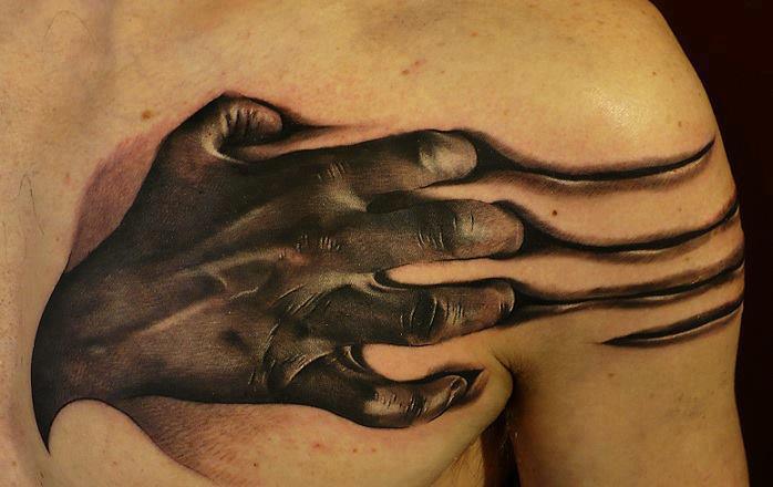 Black Ink 3D Hand Tattoo On Man Left Front Shoulder