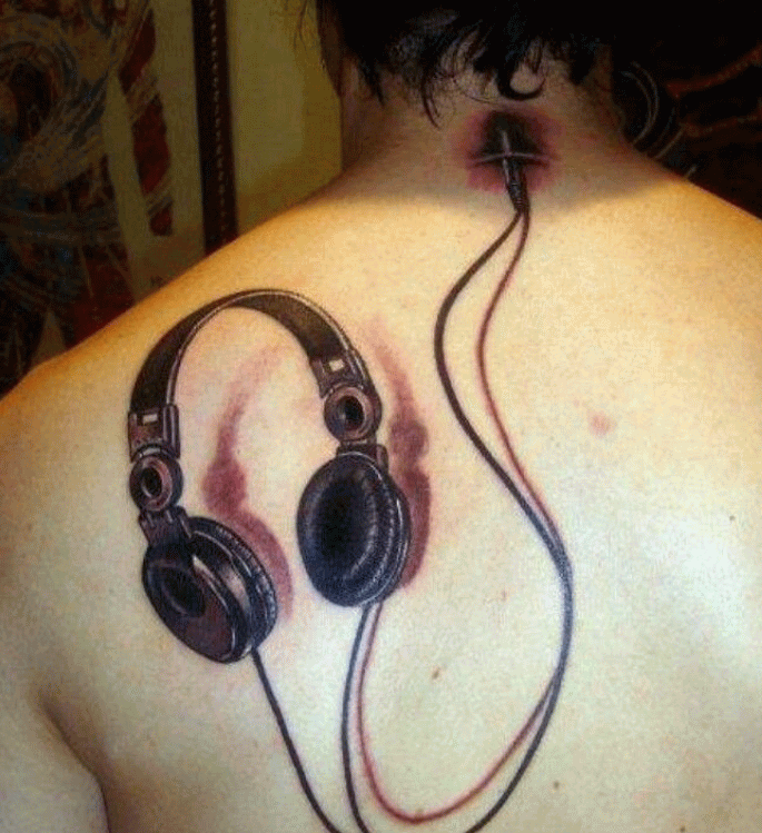 Black Ink 3D Headphone Tattoo On Man Left Back Shoulder