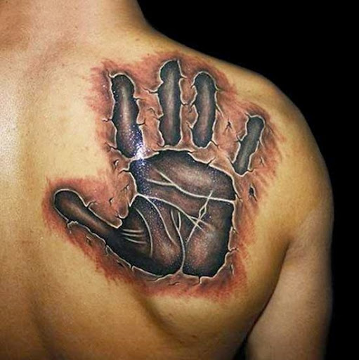 Black Ink 3D Ripped Skin Hand Palm Tattoo On Right Back Shoulder