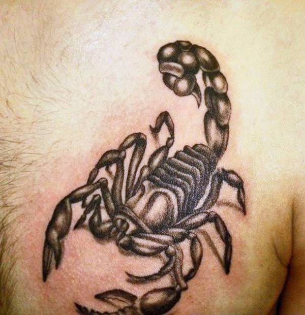 Black Ink 3D Scorpion Tattoo On Chest