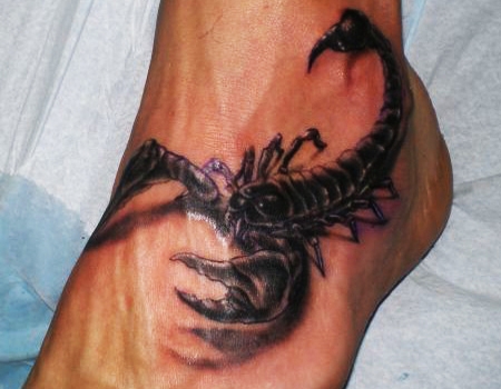 Black Ink 3D Scorpion Tattoo On Foot