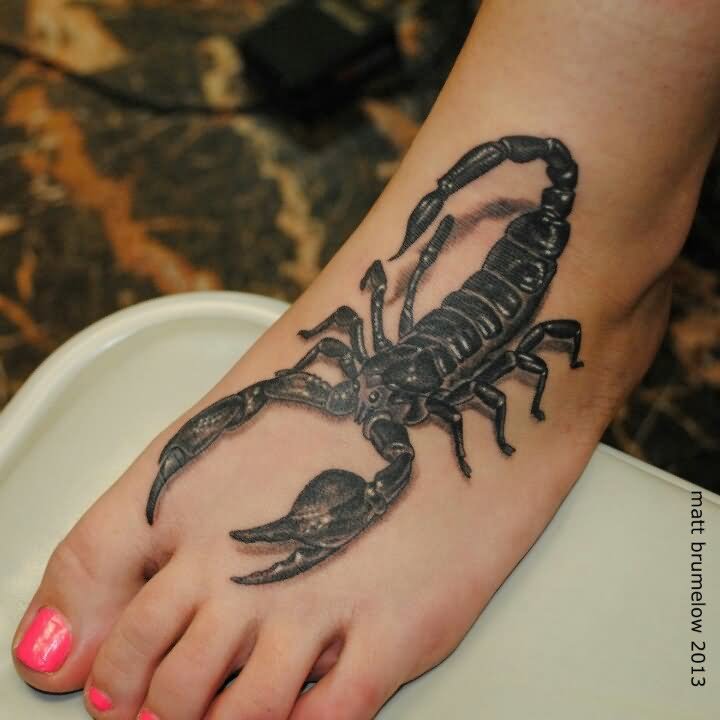 Black Ink 3D Scorpion Tattoo On Girl Foot