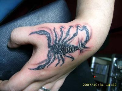 Black Ink 3D Scorpion Tattoo On Hand