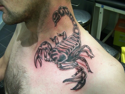 Black Ink 3D Scorpion Tattoo On Man Left Upper Shoulder