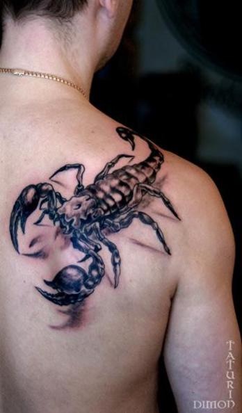 Black Ink 3D Scorpion Tattoo On Man Right Back Shoulder