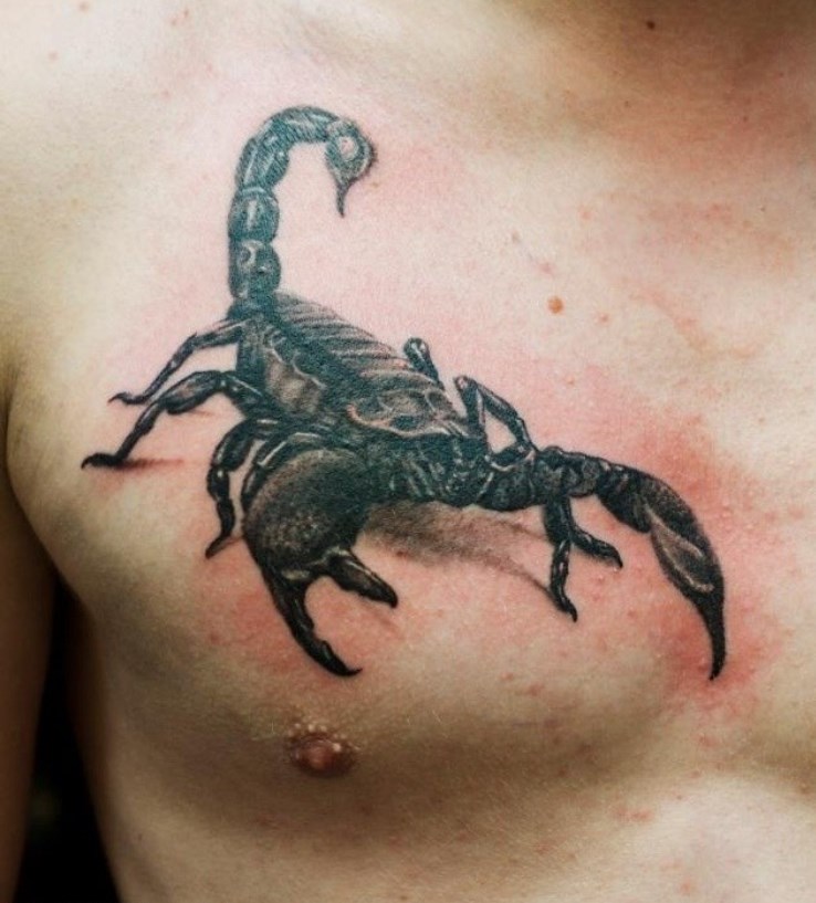 Black Ink 3D Scorpion Tattoo On Man Right Chest