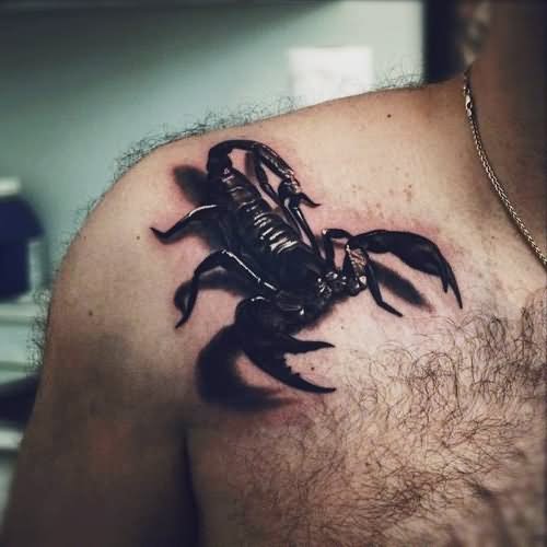 Black Ink 3D Scorpion Tattoo On Man Right Front Shoulder