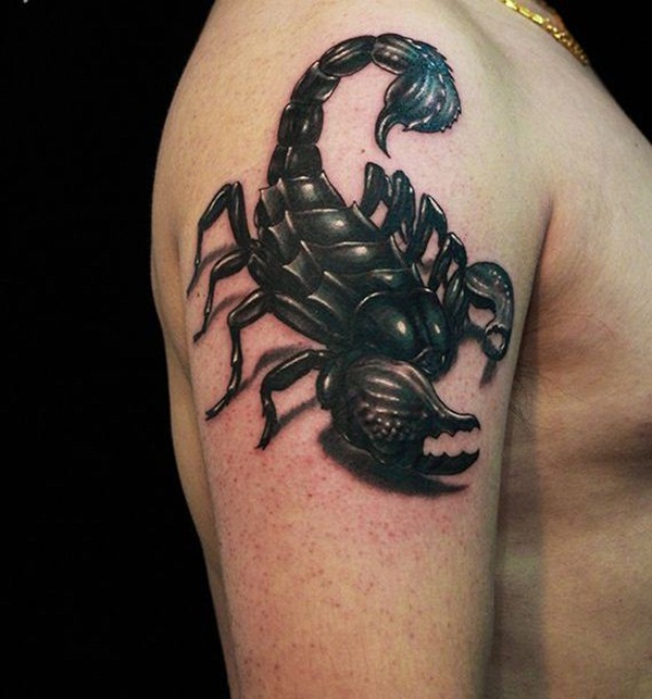 Black Ink 3D Scorpion Tattoo On Man Right Shoulder