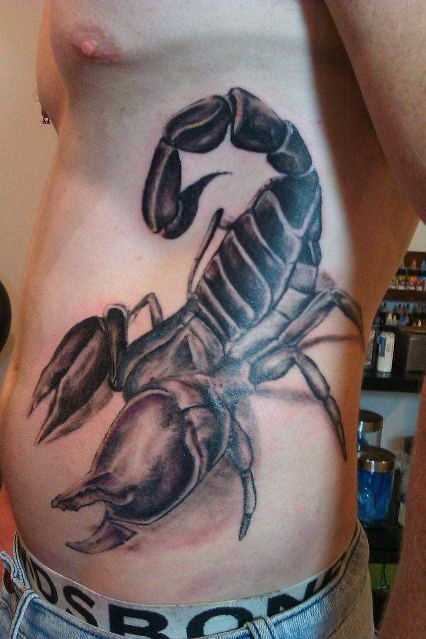 Black Ink 3D Scorpion Tattoo On Man Side Rib