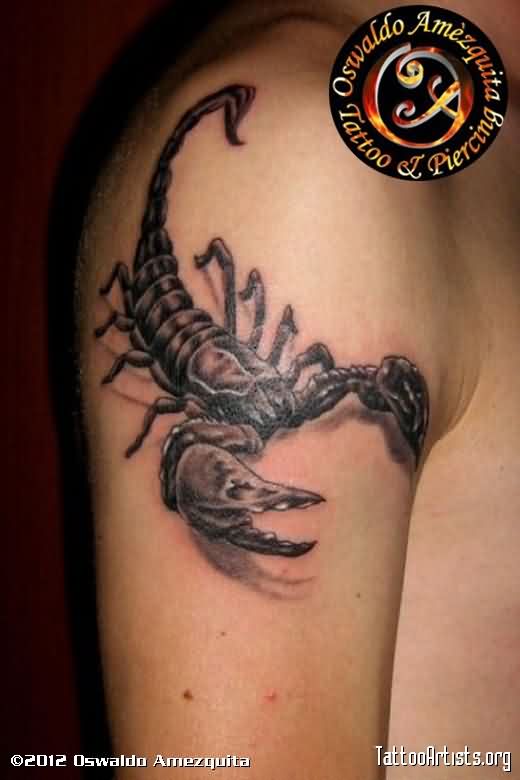 Black Ink 3D Scorpion Tattoo On Right Shoulder