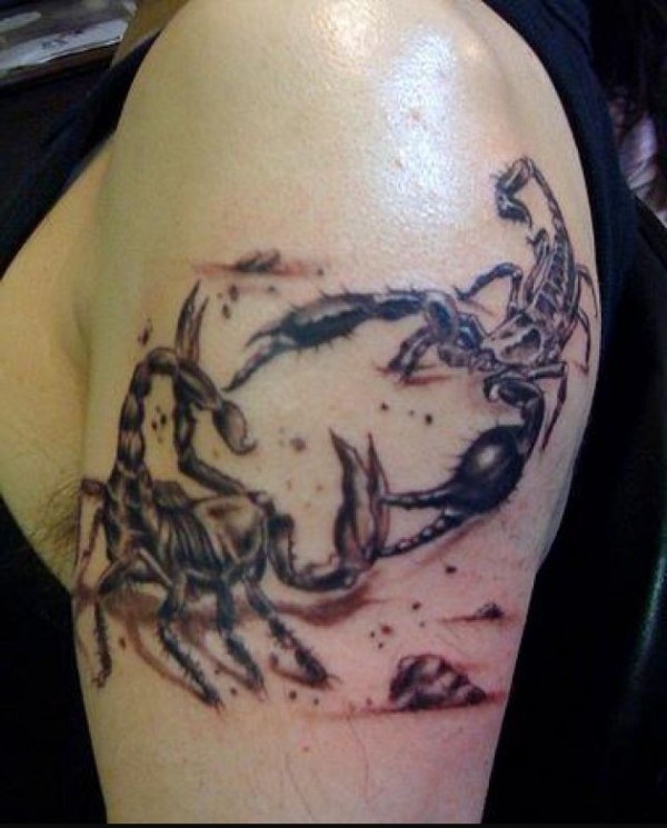Black Ink 3D Two Scorpion Fight Tattoo On Half Sleeve