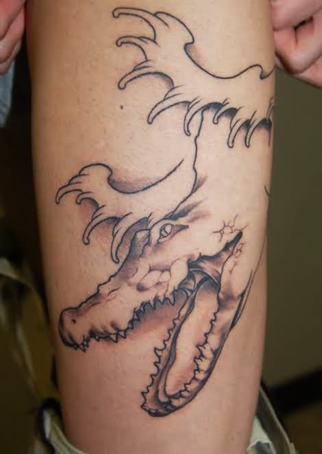 Black Ink Alligator Head Tattoo Design For Leg