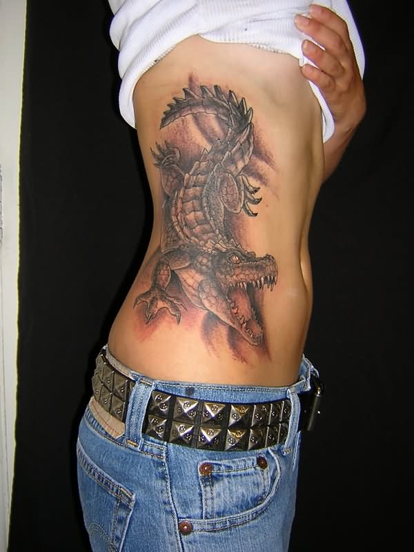 Black Ink Alligator Tattoo On Side Rib