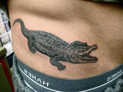 Black Ink Alligator Tattoo On Waist