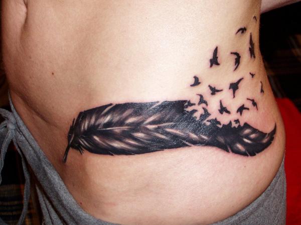 Black Ink Feather With Flying Birds Tattoo On Side Rib