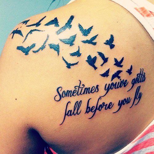 Black Ink Flying Birds And Quote Tattoo On Left Back Shoulder