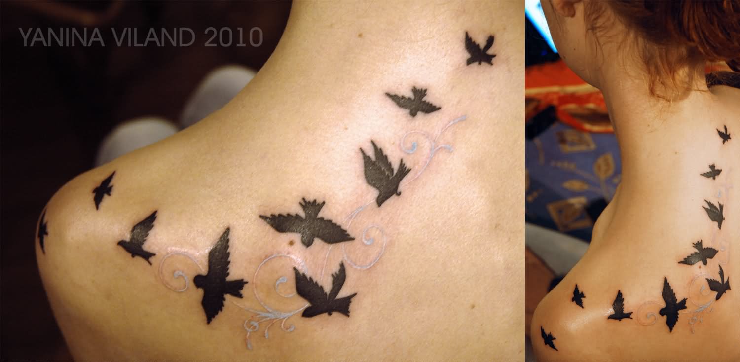 Black Ink Flying Birds Tattoo On Left Back Shoulder