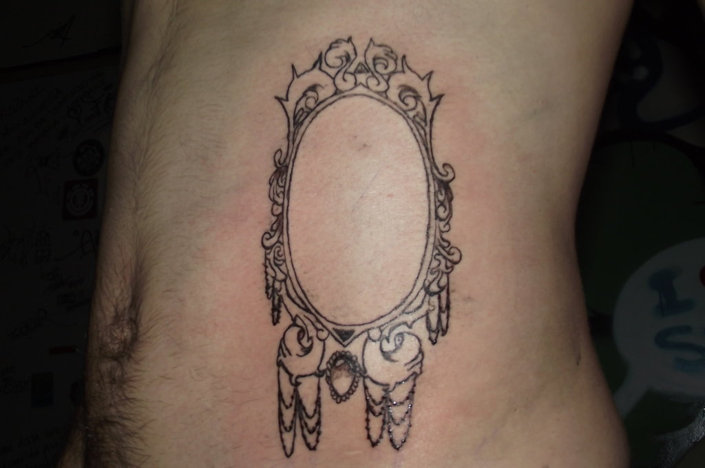 Black Ink Frame Tattoo On Side Rib By AimStar