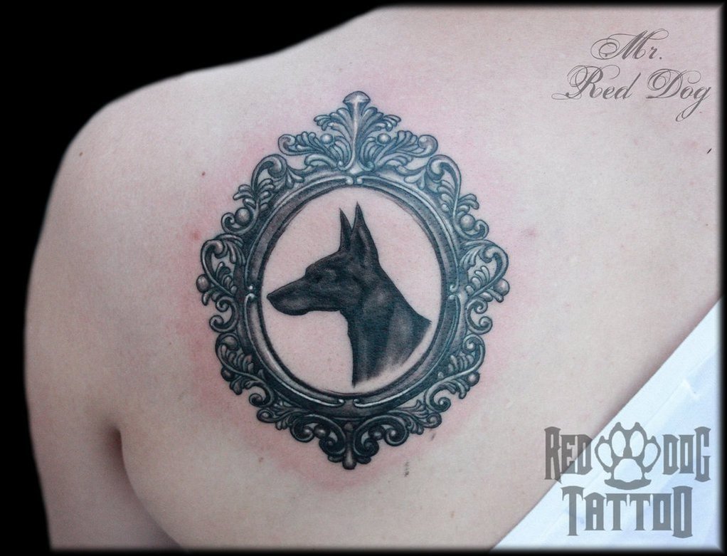 Black Ink Great Dane Dog Head Tattoo On Left Back Shoulder