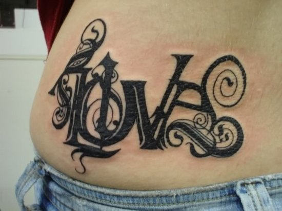 Black Ink Love Tattoo On Waist