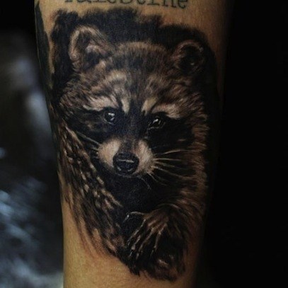 Black Ink Raccoon Tattoo On Sleeve