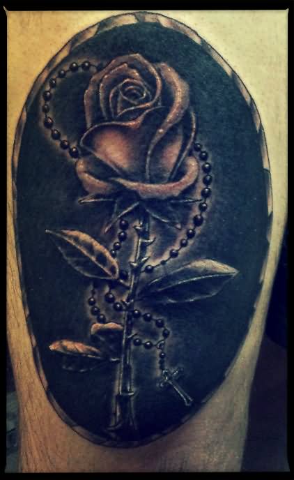Black Ink Rose With Rosary Cross In Frame Tattoo Design By Adam